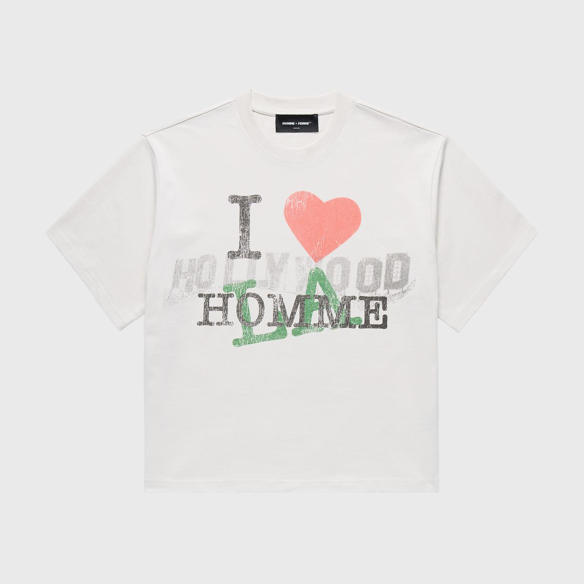 White I Love Homme graphic T-shirt for men and women with dual art motifs, cropped fit, premium heavy cotton fabric, ideal for casual wear, style HFSS202564-2