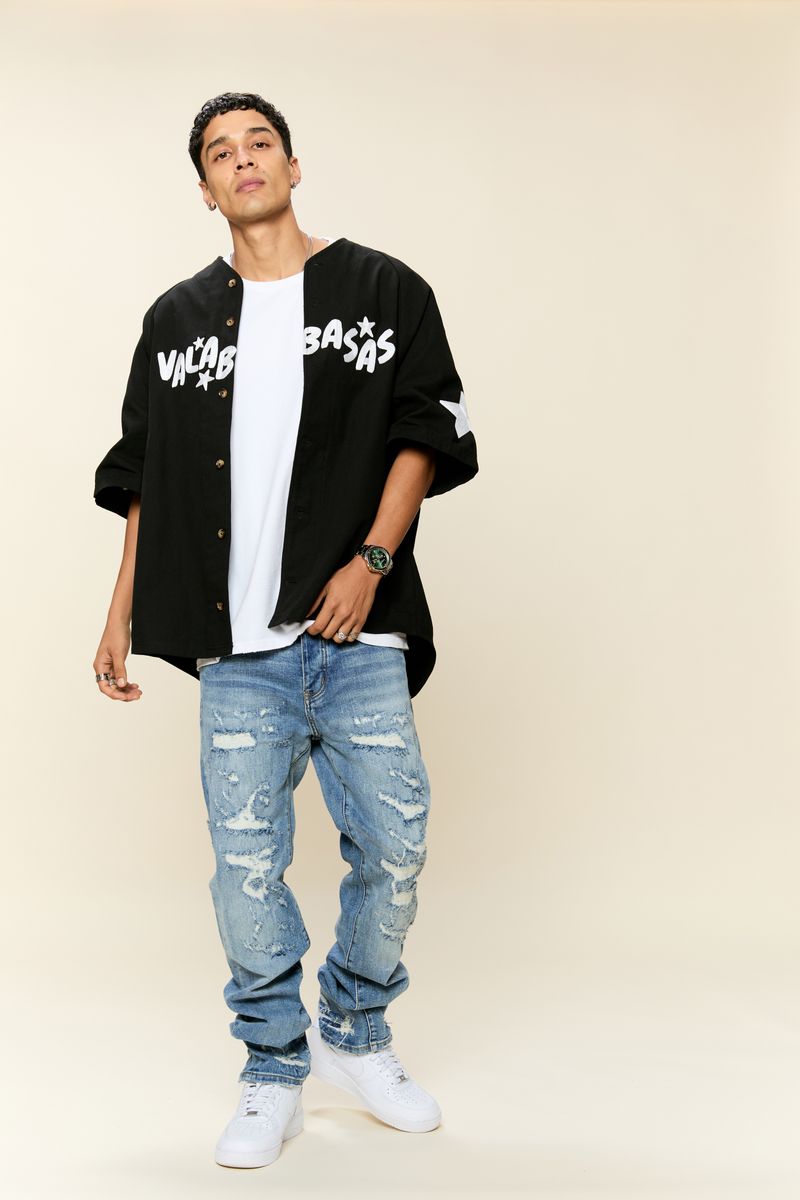 Valabasas Thrashed Vintage Blue Wash Straight Jeans - High-quality distressed denim with a vintage blue wash