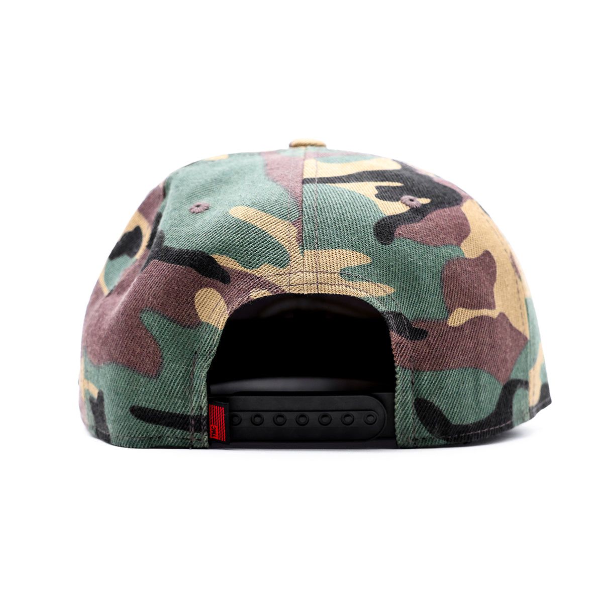 Side view highlighting the embroidered TMC Flag logo on the left side of the snapback hat