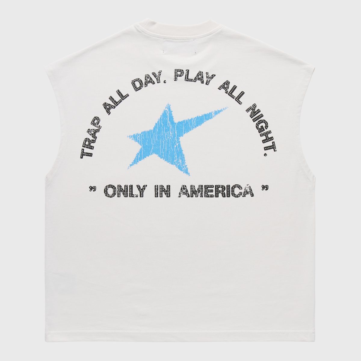 White Trap Star men's and women's cutoff T-shirt featuring front and back branded graphics and a true-to-size fit