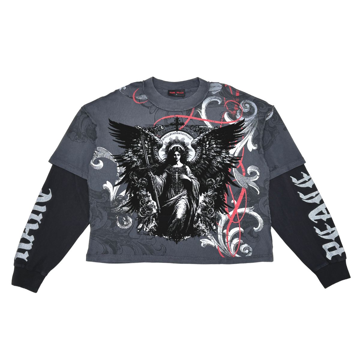 DK Grey long-sleeve shirt showcasing the Rare Peace RP End of Pax Americana Twofer graphic print for streetwear fashion