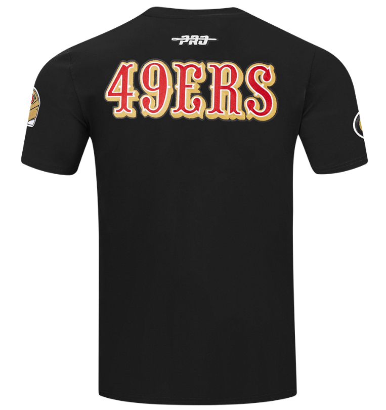 Close-up of the black Pro Standard San Francisco 49ers Men's S/S City Ransom Tee showcasing the team emblem and stylish print