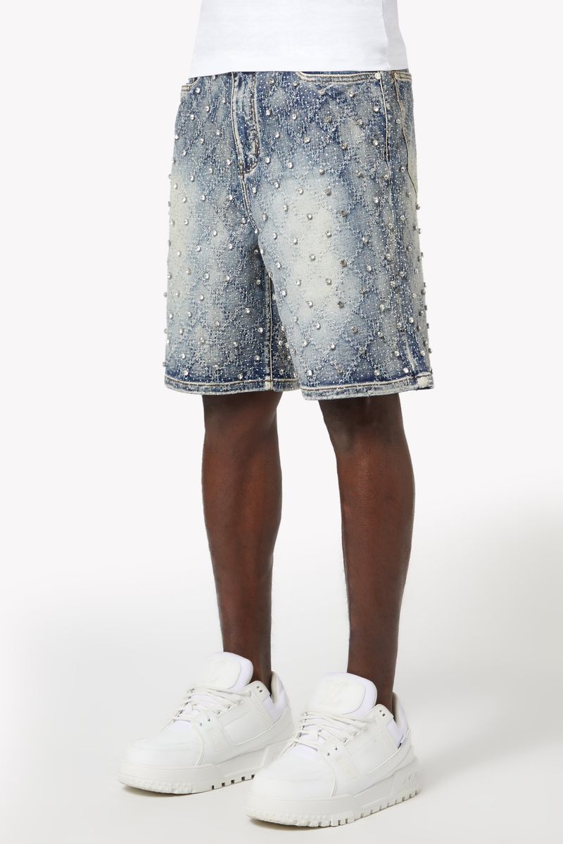 High-quality denim shorts with all-over rhinestone design, relaxed fit, and casual-chic style