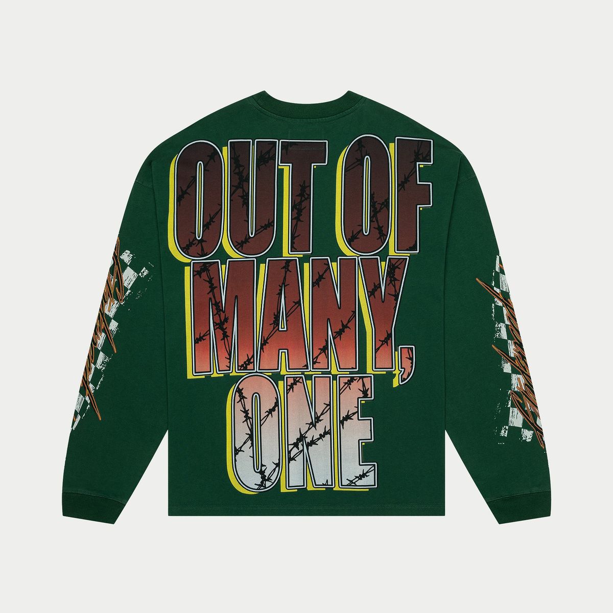 All gas, no brakes message on the green long sleeve shirt made from mid-weight fabric with exclusive numbered design