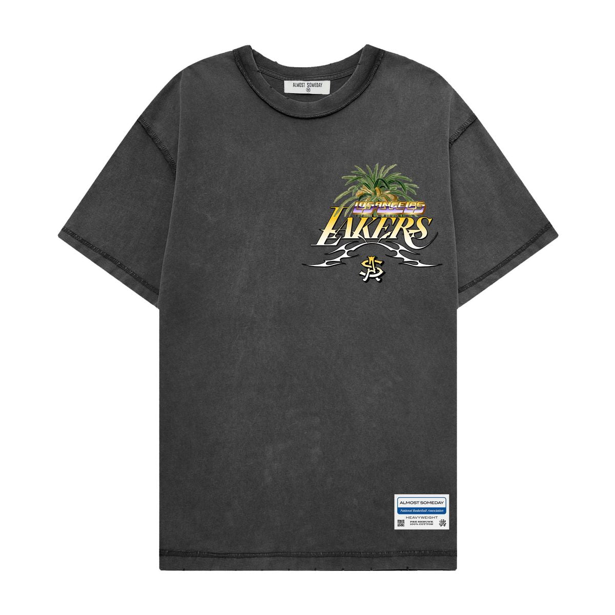 Front view of the black Lakers vintage tee with reverse stitched ribbing and distressed ribbing features