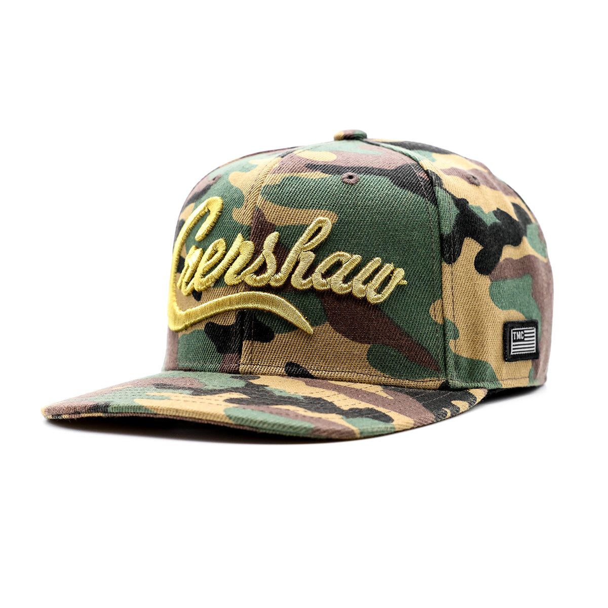 Back view showing woven TMC Flag label on the adjustable strap of the Crenshaw snapback cap