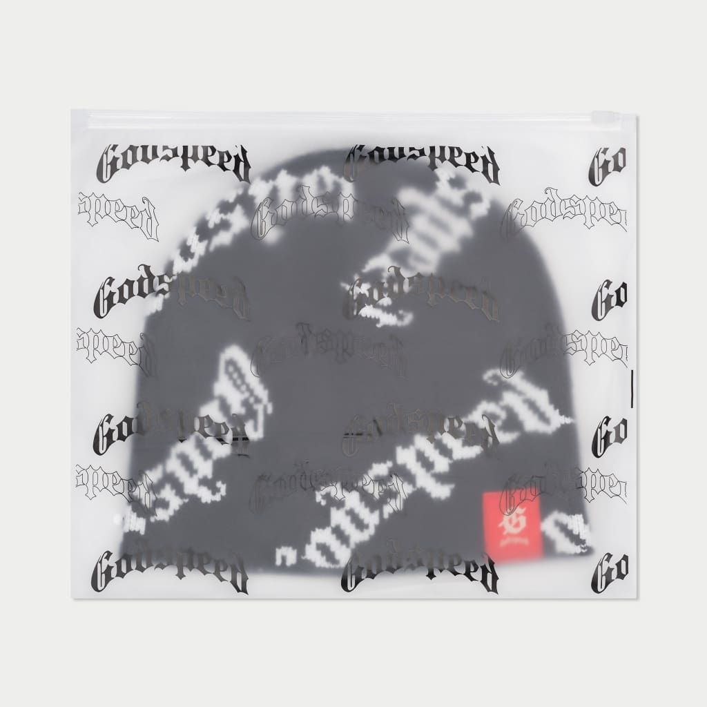 Detailed view of the Godspeed OG Logo Beanie in black and white