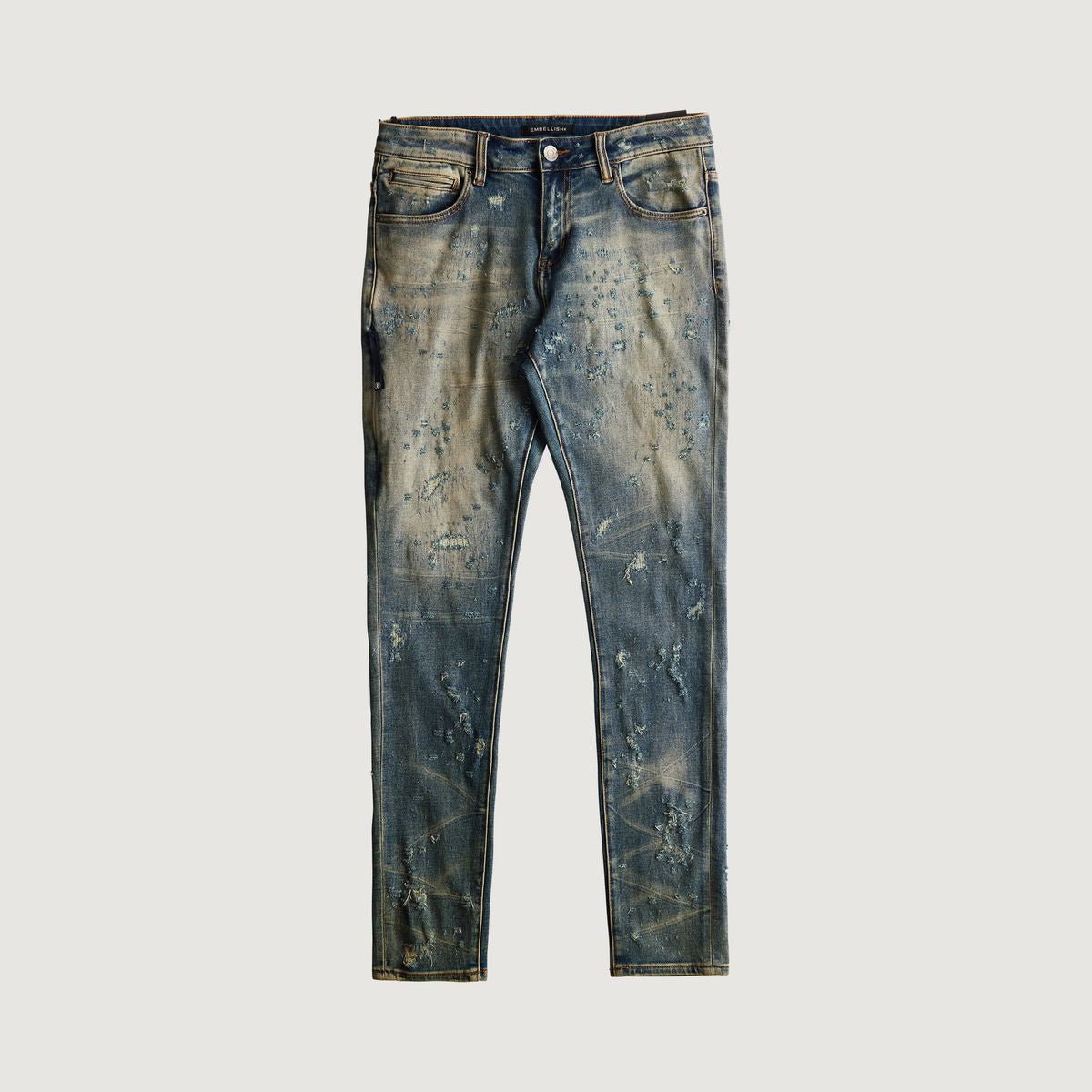 Embellish David Shotgun Wash Skinny Denim Jeans (EMBHOL124-004) on a white background with distressed detailing and frayed edges, perfect for a casual yet stylish look