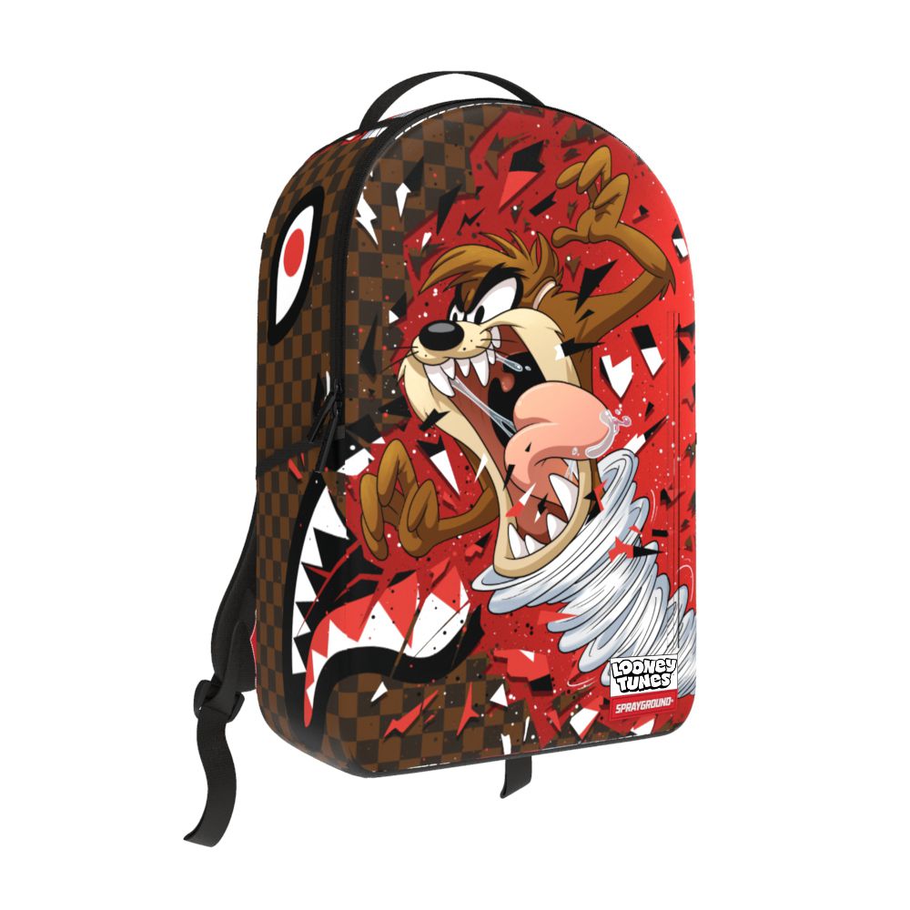 Close-up of the 18-inch tall Sprayground Taz Destroy DLXSV Backpack with detailed distressed finish and sturdy construction