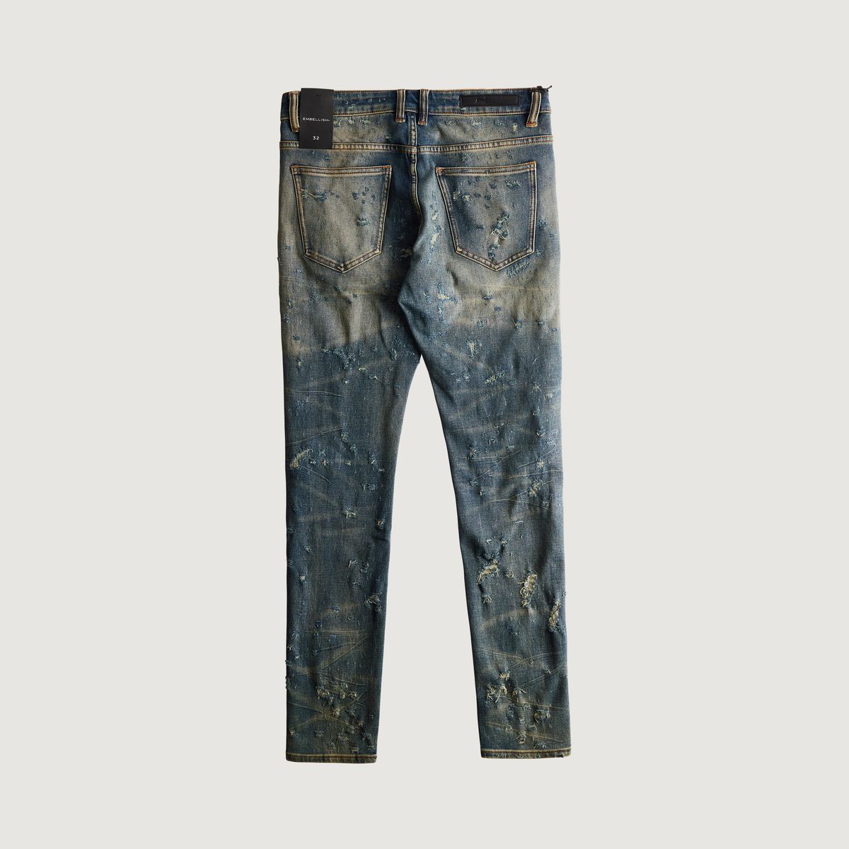Embellish David Shotgun Wash Skinny Denim Jeans (EMBHOL124-004) - faded blue jeans with distressed detailing and embellished pockets