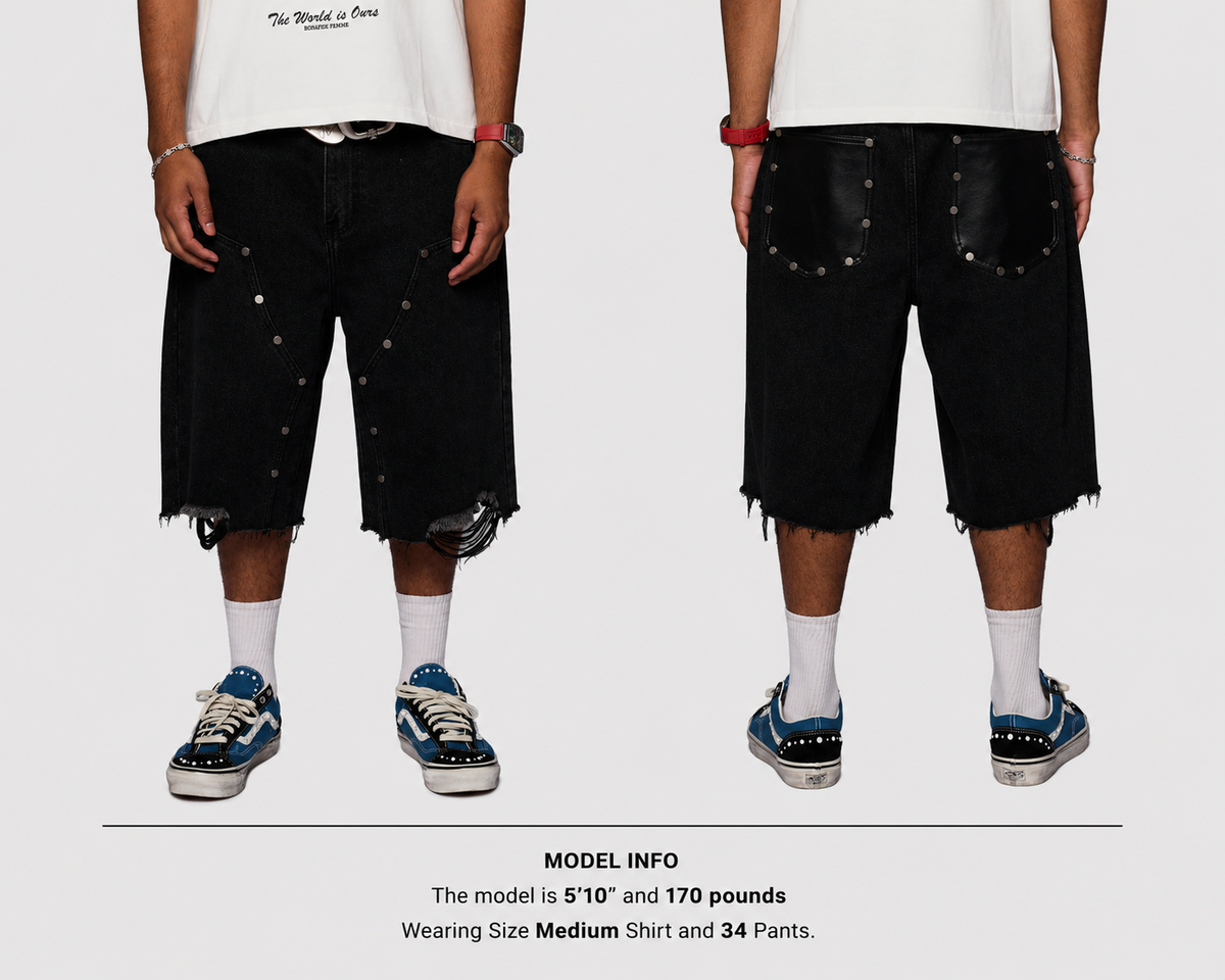 Homme + Femme "Arsenal" Studded Denim Shorts - Black