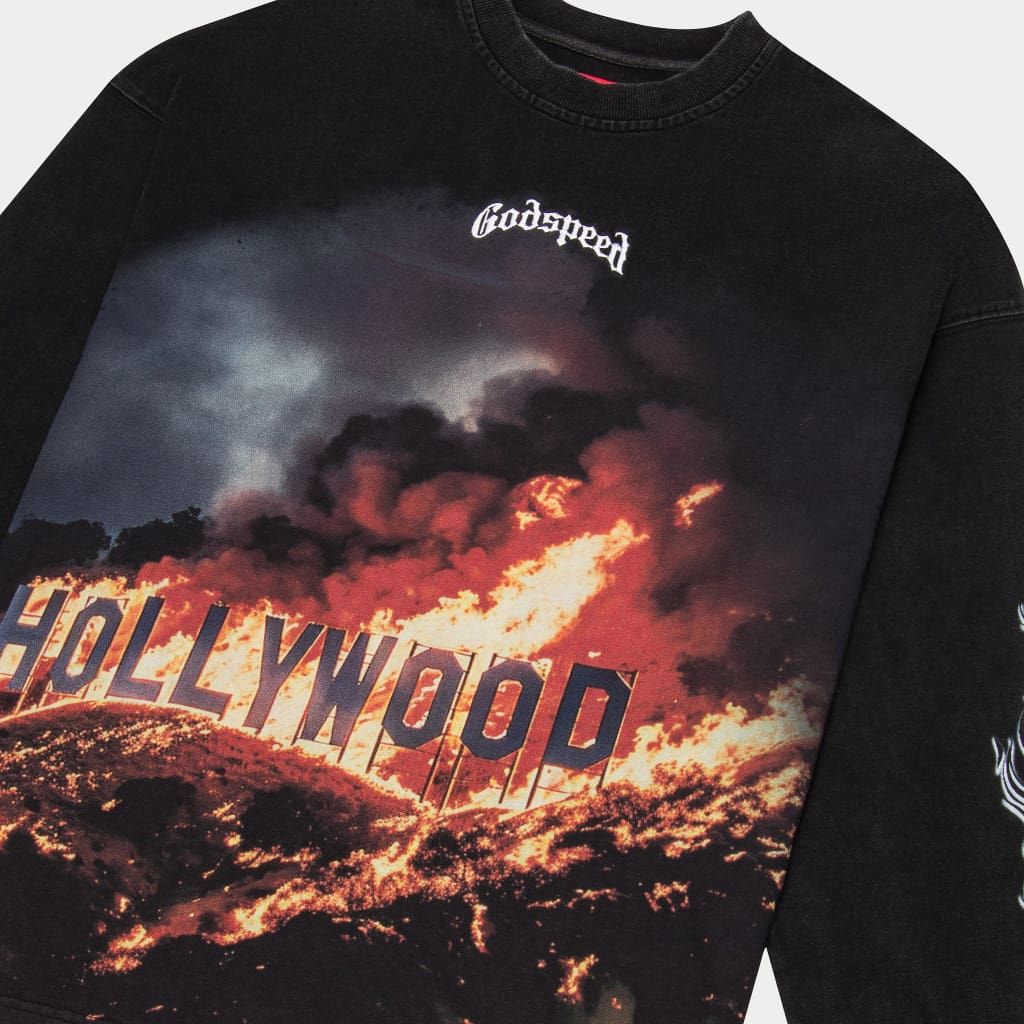 Godspeed Hollywood Inferno Long Sleeve in Black Wash paired with distressed denim jeans and combat boots