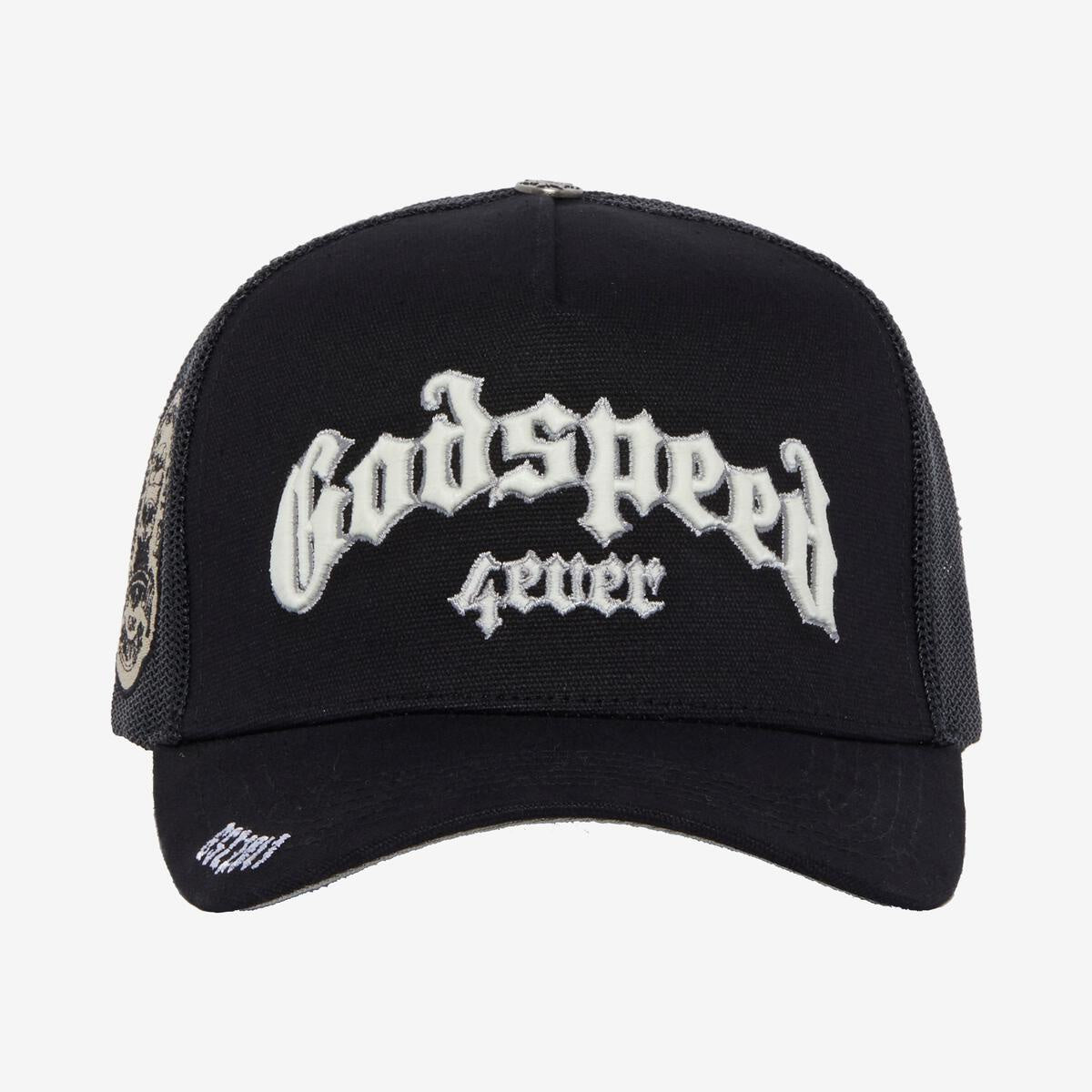 Limited edition Godspeed Forever Trucker Hat in black and white with color-changing embroidery