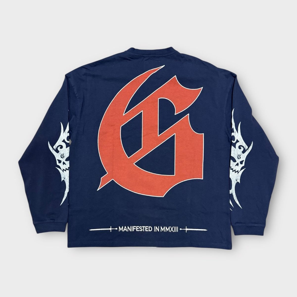 Limited edition navy long sleeve shirt crafted from 10oz washed fabric showcasing maritime art and unique crown accents