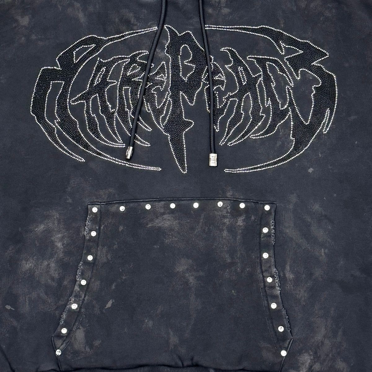 Dark grey hoodie featuring rhinestone RP logo and washed finish for a trendy look
