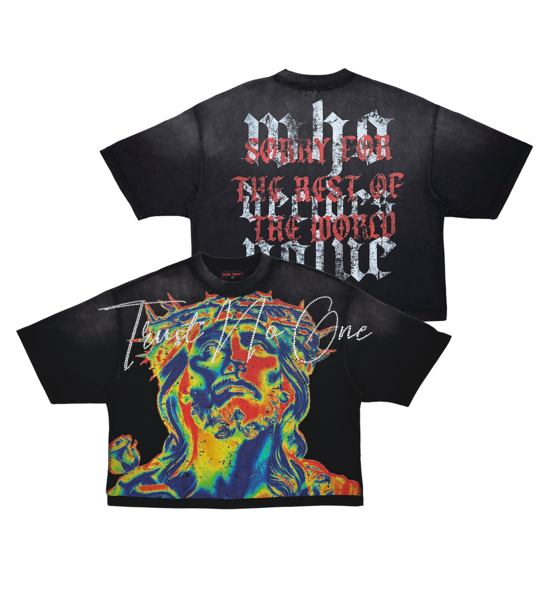 Black tee featuring a vibrant heat map design from Rare Peace with bold print and flocking details
