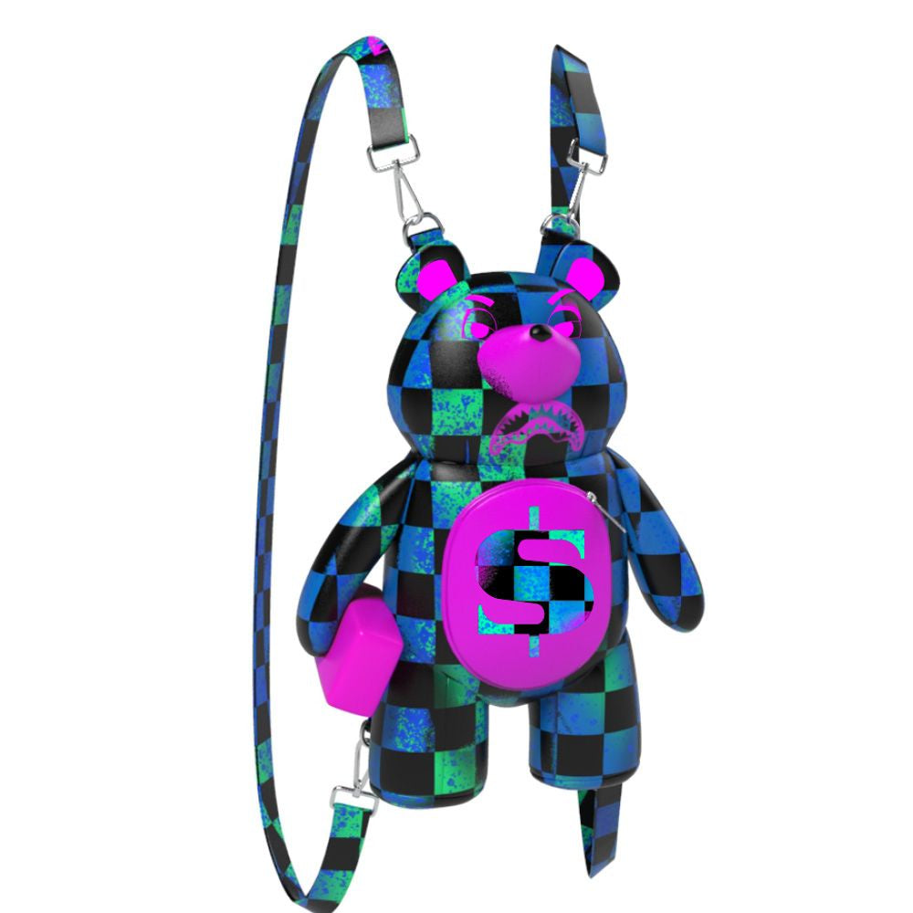 A Sprayground Long Nights Painting Mini Bear Cub Backpack with detailed graphic design, measuring 18 inches by 115 inches by 65 inches, made from durable 100% PVC material