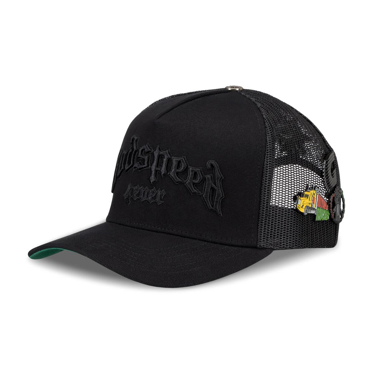 Close-up of the signature Forever trucker hat in Vanta black with detailed embroidery and bonus pins