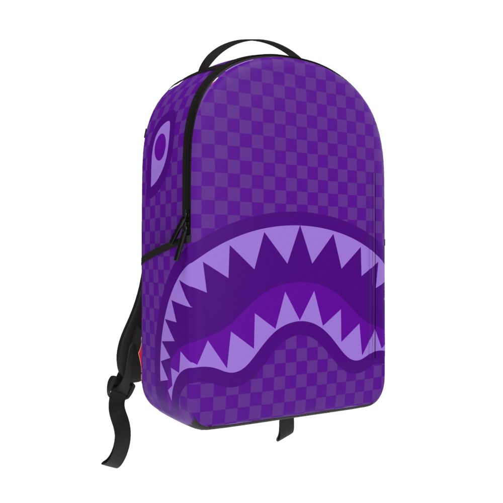 Vibrant purple Shark Sharks In Paris design on Sprayground backpack with spacious dimensions
