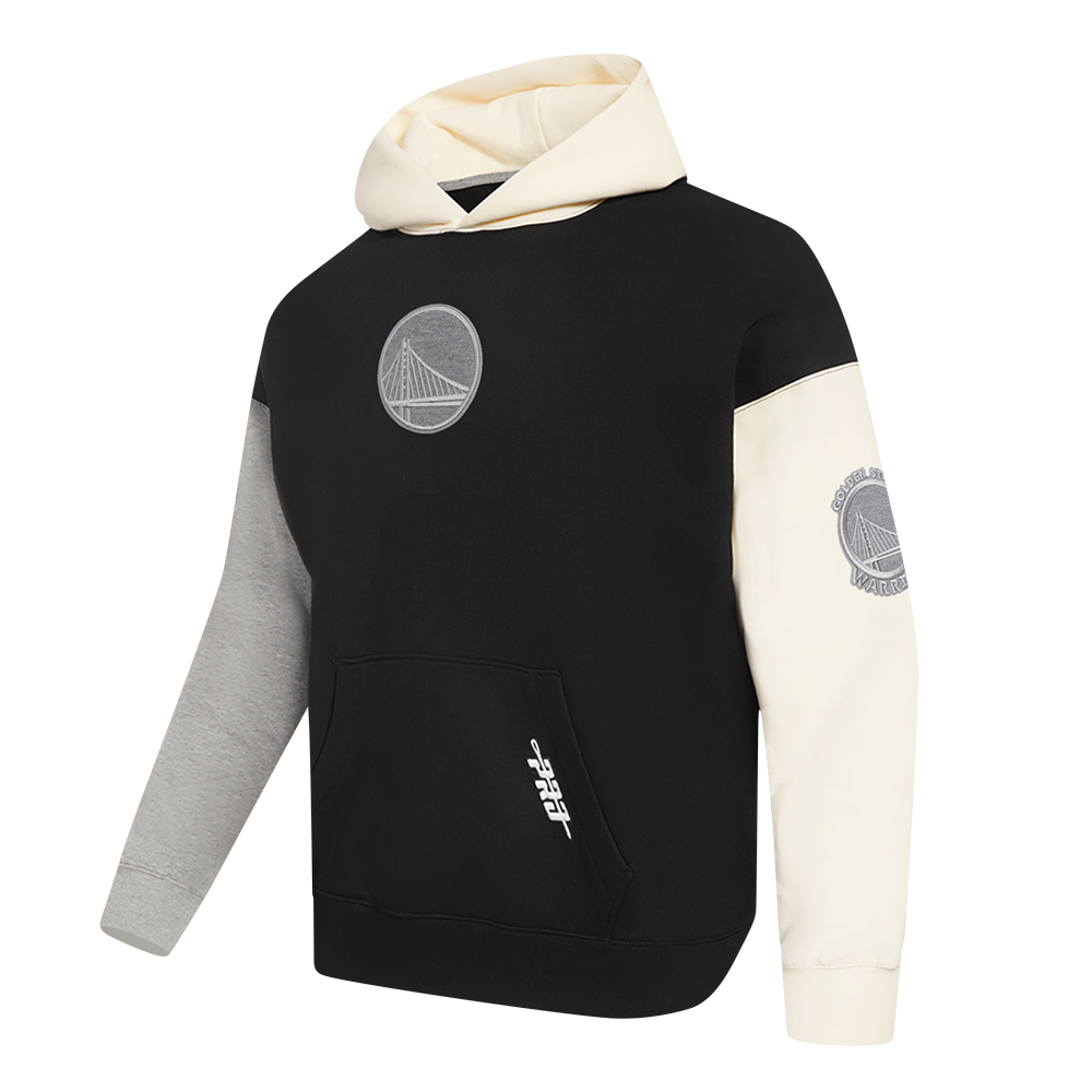 Rear view of the Pro Standard Golden State Warriors pullover hoodie showcasing the reverse French Terry fabric in black, grey, and eggshell colors