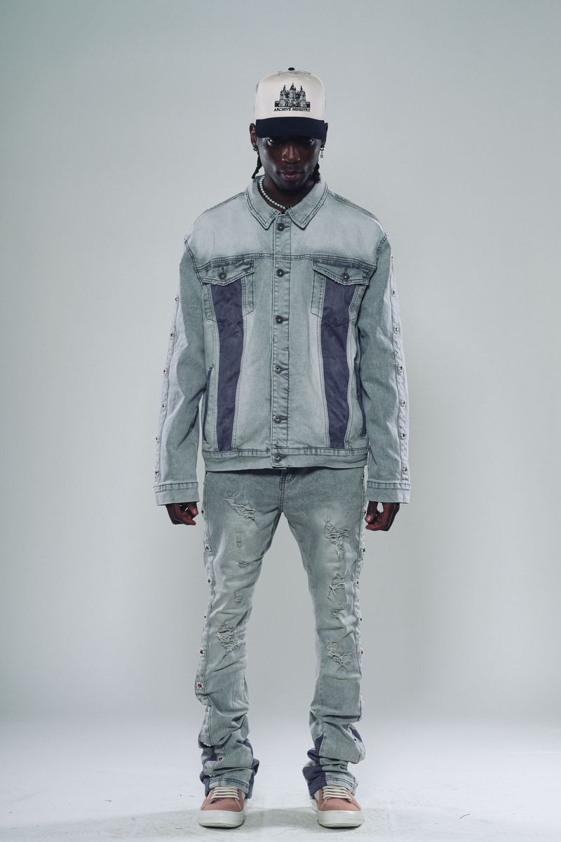 Modern and stylish Vicious Light Grey Suede Sew & Pearl Cut Denim Flared Jeans (VC612) on a model