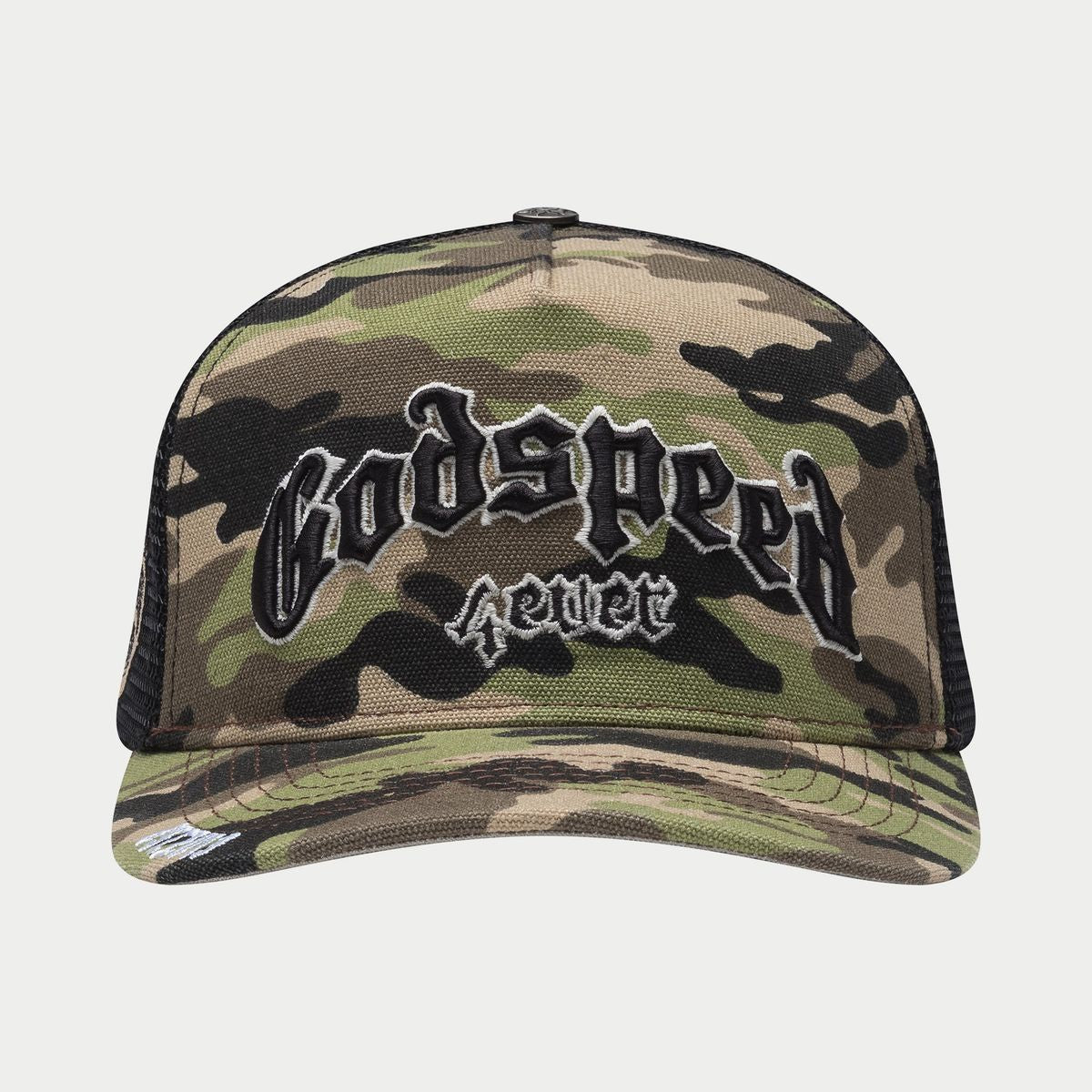 Godspeed Forever Trucker Hat in Camo with limited edition packaging and pins