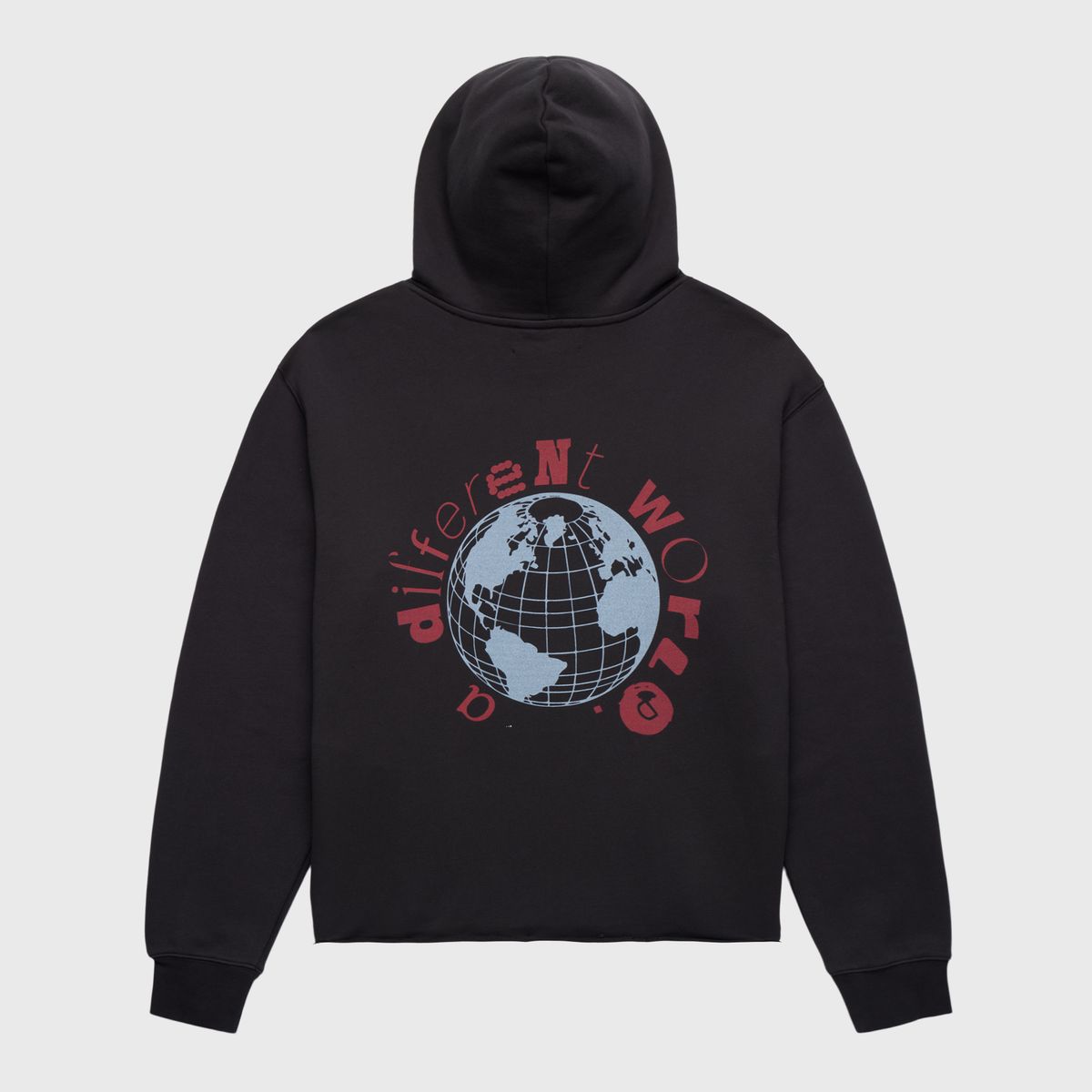 Side view of Homme + Femme Circle Of Life hoodie in black, featuring a circular graphic design and ribbed cuffs and hem