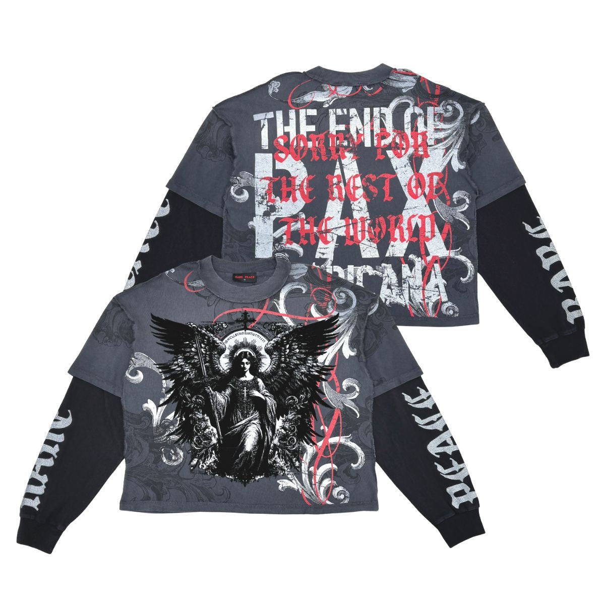 A long-sleeve shirt featuring the Rare Peace RP End of Pax Americana Twofer design in dark grey fabric