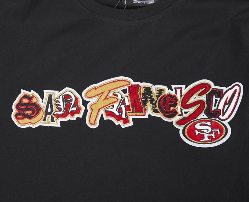 Back view highlighting the seamless stitching and team logo design on the black San Francisco 49ers T-shirt