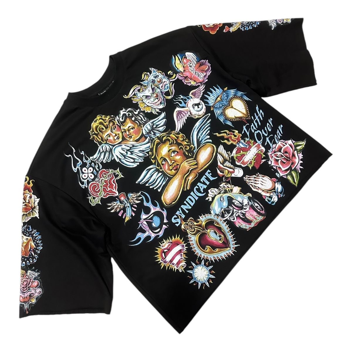 Front image displaying the Syndicate Faith Crop Black Tee with the logo and modern cropped fit