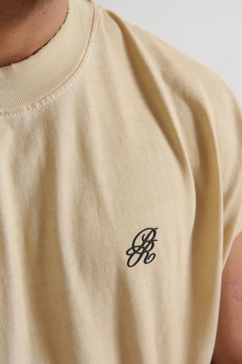 Full-length image showcasing how the PURE Monclair Horses Cream Sleeveless Tee fits on a model