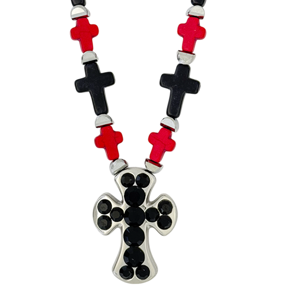 Simon Rounded Cross Necklace Red/Black (NKS27) - Main Image