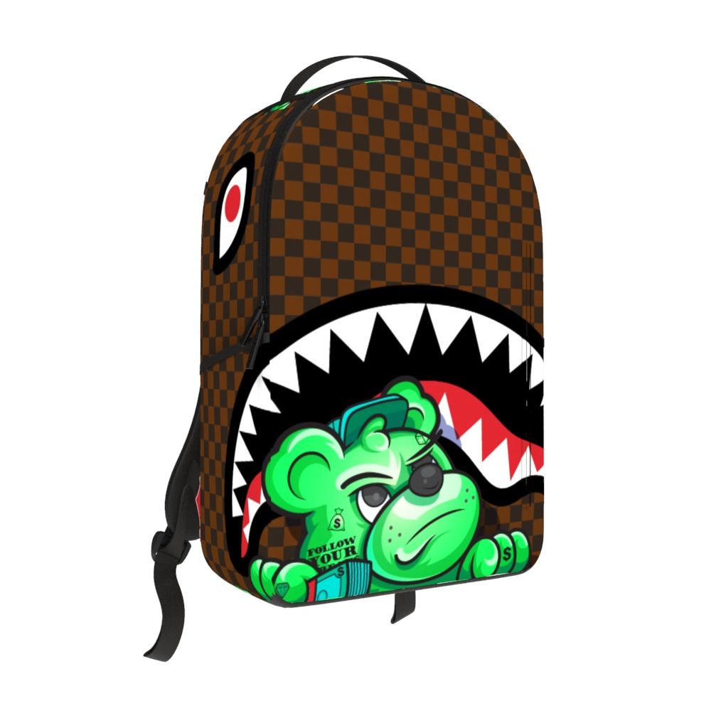 Brightly colored Sprayground Money Grump Backpack showcasing a playful grumpy face design with bold graphics