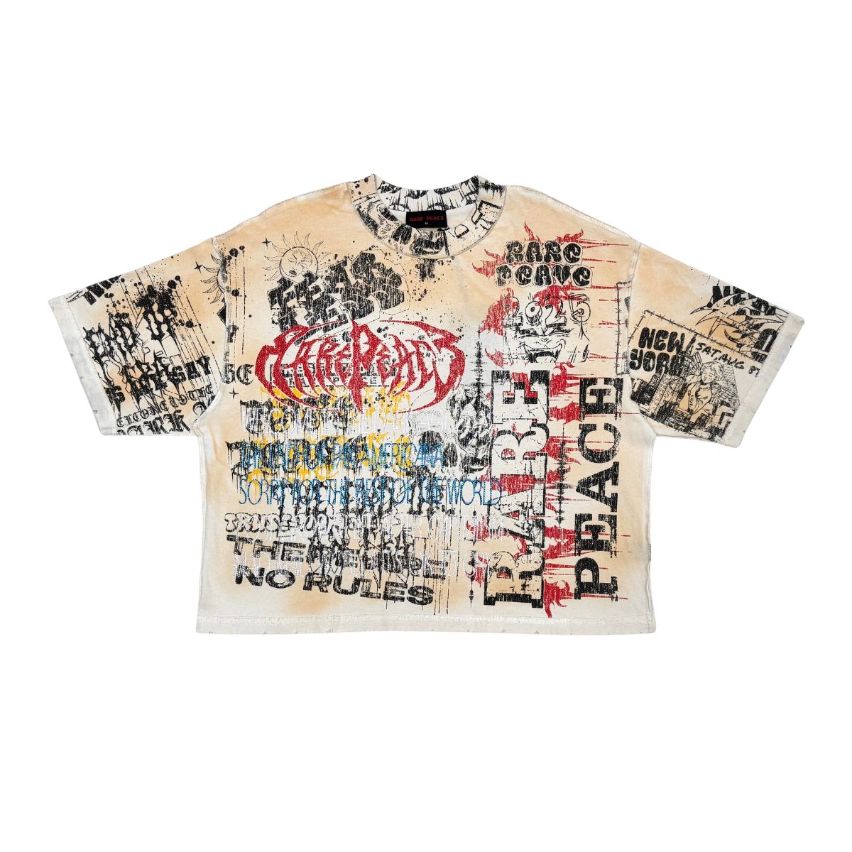 Close-up of the heavy 100% cotton Rare Peace All Over Rhinestone Ecru Tee showcasing intricate rhinestone design
