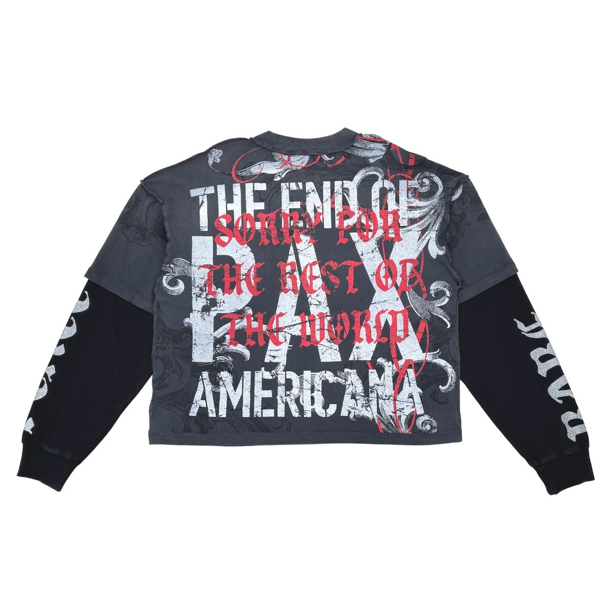 RK5046 DK Grey long-sleeve featuring the Rare Peace RP End of Pax Americana Twofer artwork for casual wear