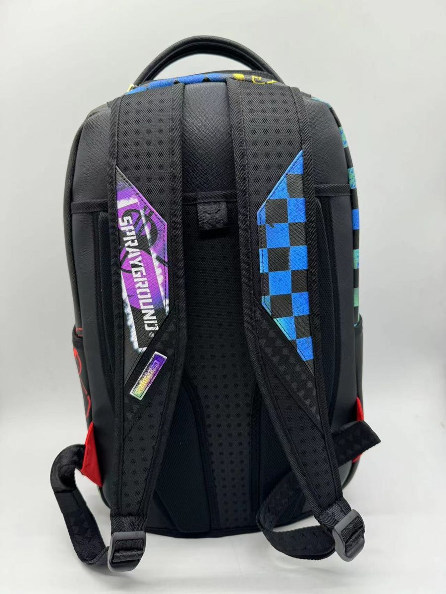 Front view of the Sprayground Shark Central Stencils backpack highlighting its spacious 18 x 115 x 65 dimensions and stylish black finish