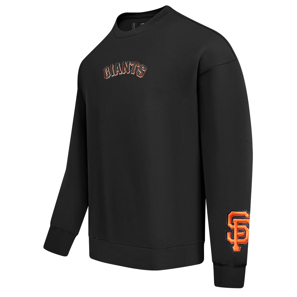 Close-up of the black San Francisco Giants Wingspan Crewneck with textured fabric and team emblem