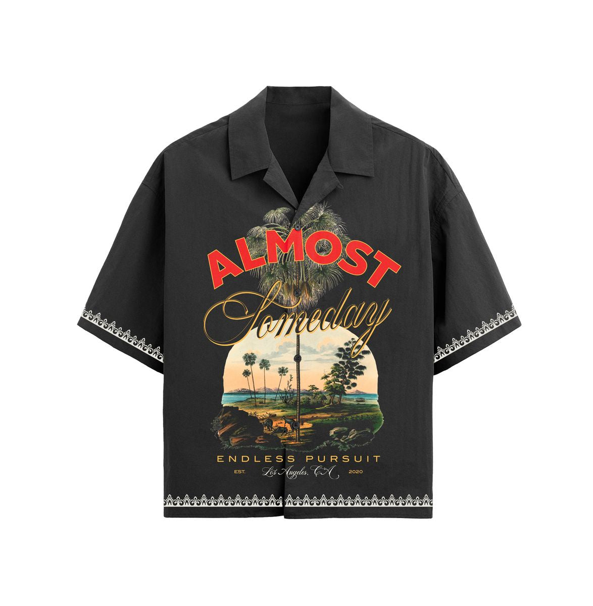 Close-up of the Almost Someday Daydream black button-up featuring classic buttons and smooth fabric texture