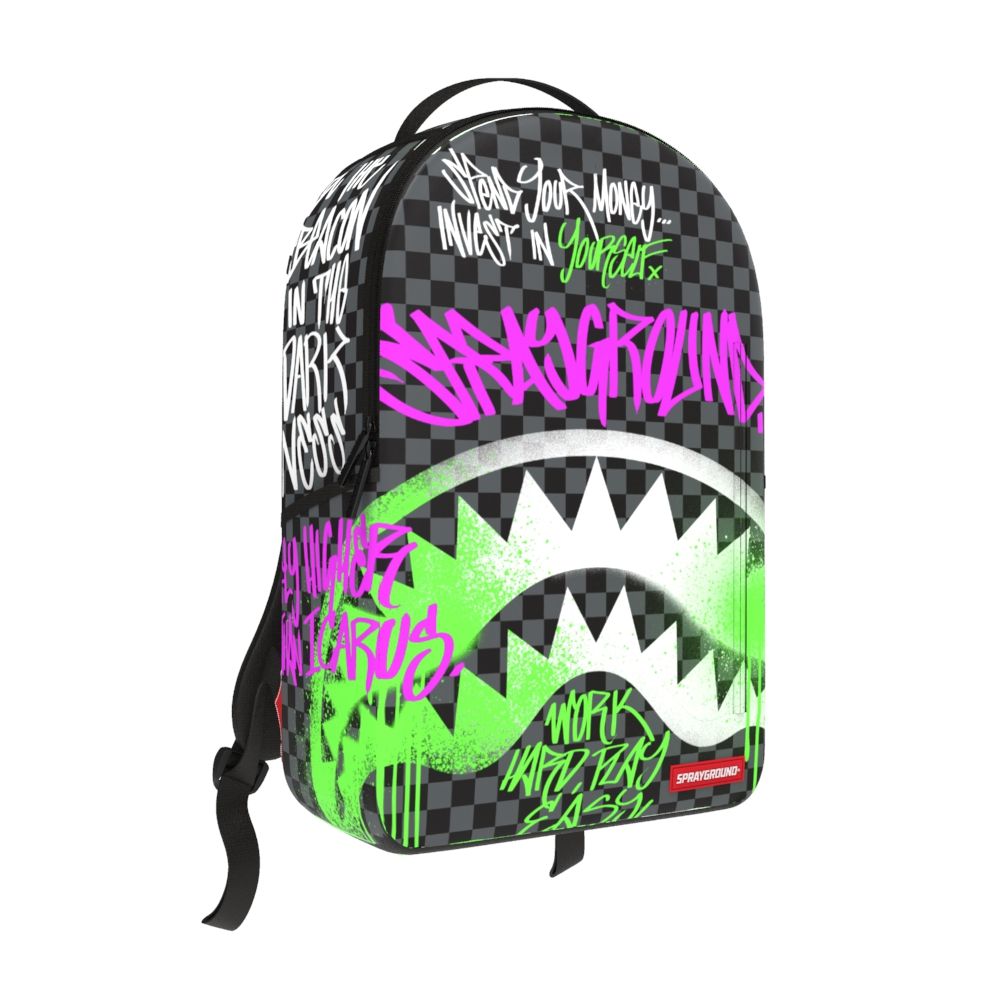Back view of the Sprayground Spray Poetry New Version Backpack showcasing its spacious dimensions and high-quality construction
