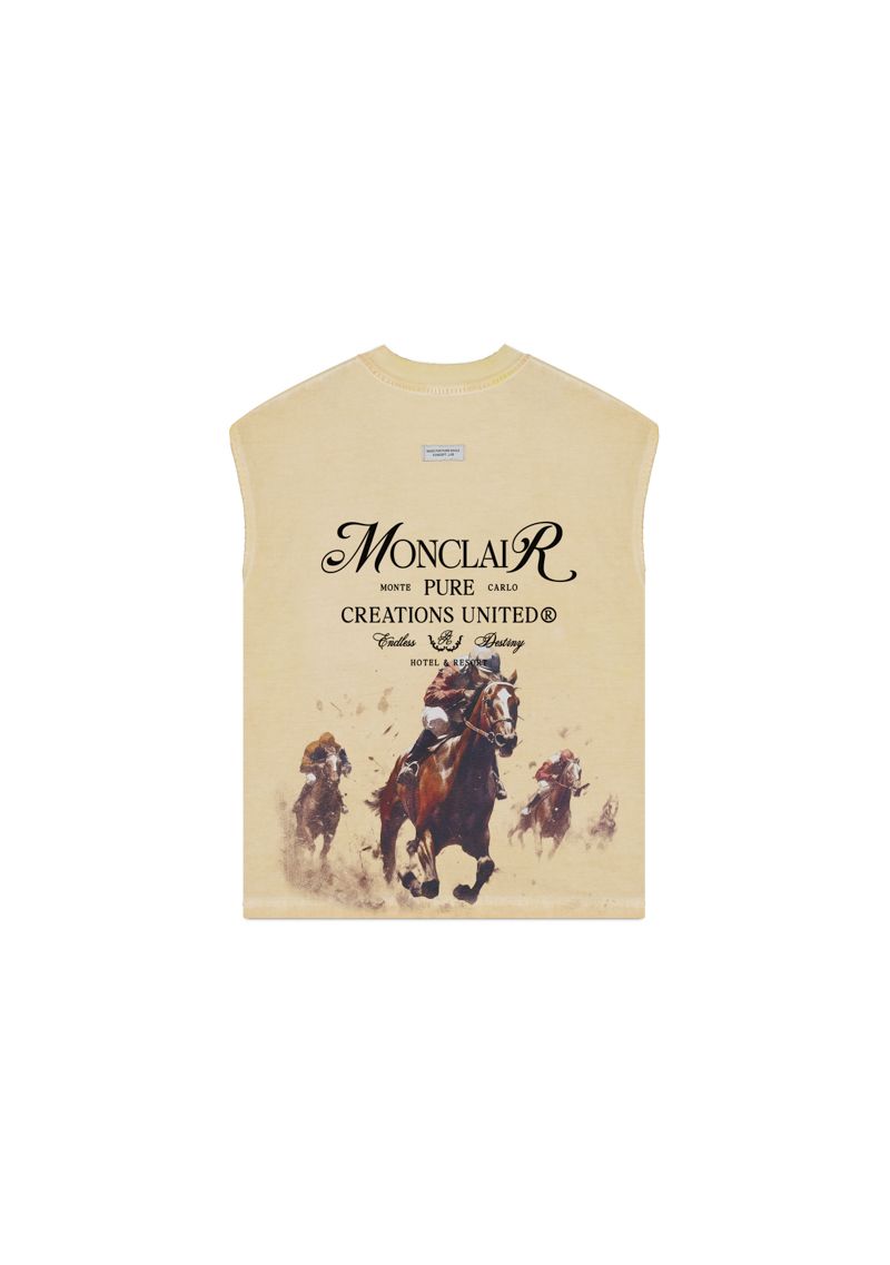 Lifestyle image featuring the PURE Monclair Horses Cream Sleeveless Tee styled with casual accessories