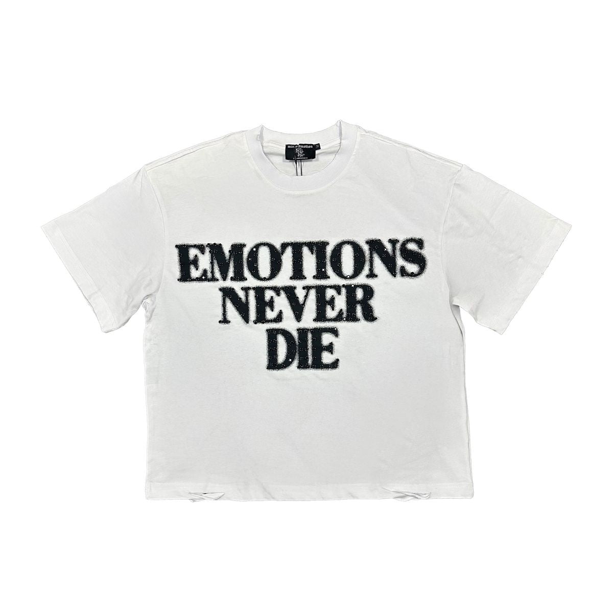 Stylish white rhinestone tee featuring bold Emotions Never End message with black sparkling rhinestone accents