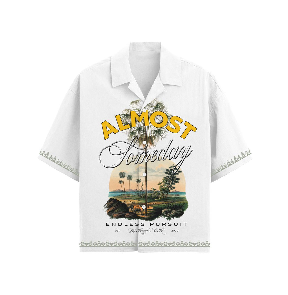 Long-sleeve cream-colored button-up shirt from Almost Someday with a relaxed fit and classic design