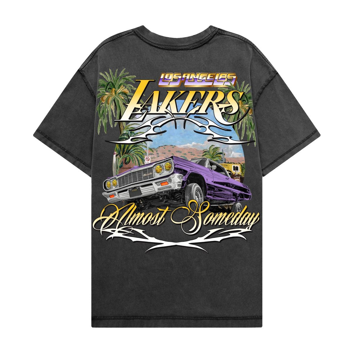 Close-up of the Almost Someday Lakers vintage black tee showcasing distressed ribbing and reverse stitching accents