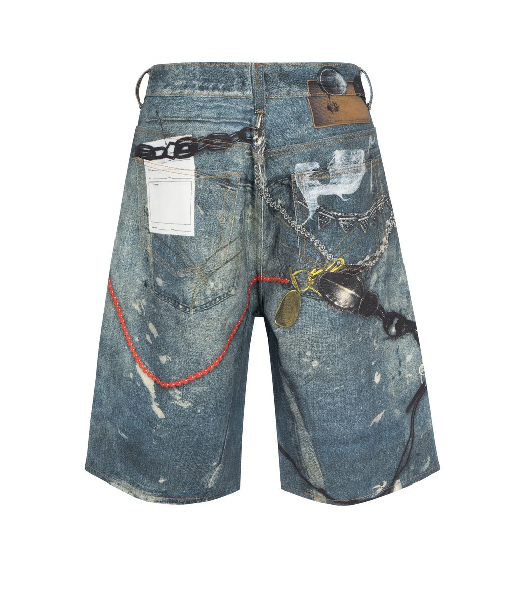 Blue denim shorts with a relaxed fit, all-over graphic print, heavyweight fabric, and sandblast wash finish