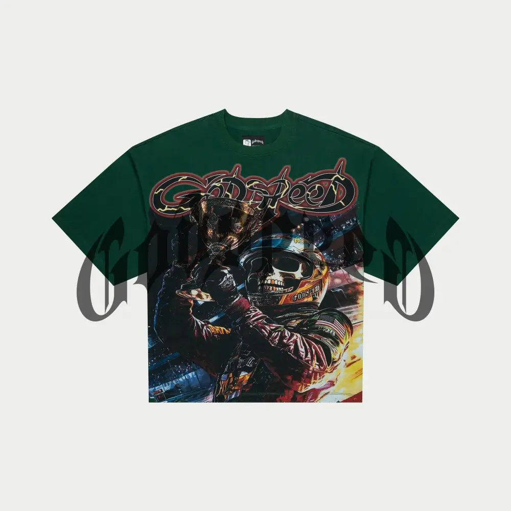 Long-sleeve green T-shirt featuring digital art and limited edition numbered tag