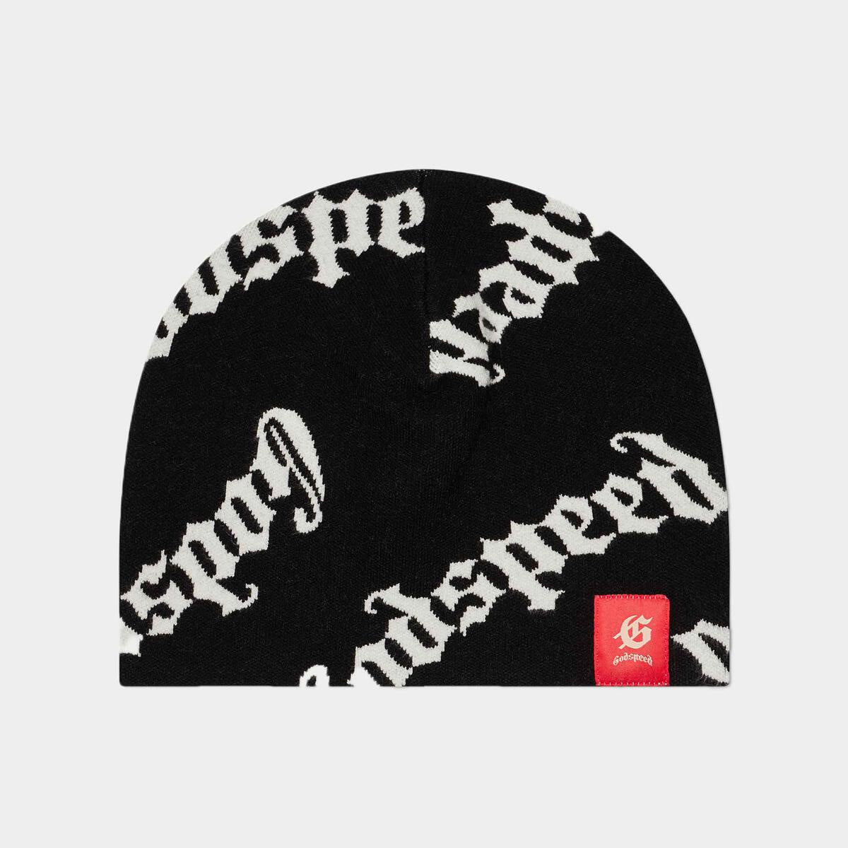 Close up of black and white Godspeed OG Logo Beanie on a model's head
