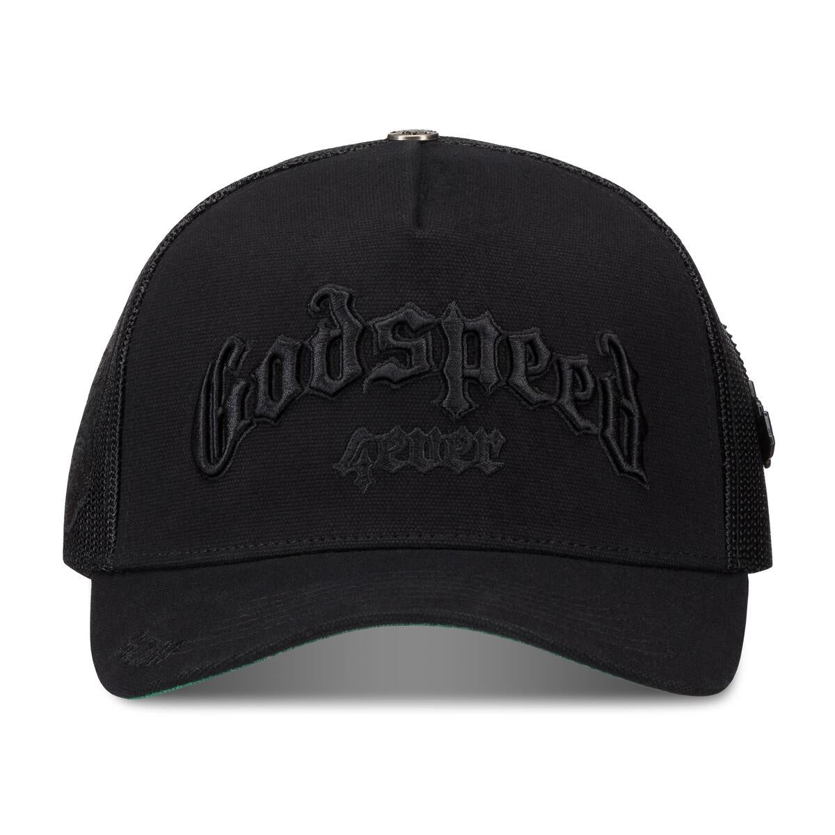 Limited edition Godspeed Forever Vanta trucker hat with color-changing embroidery and pin set