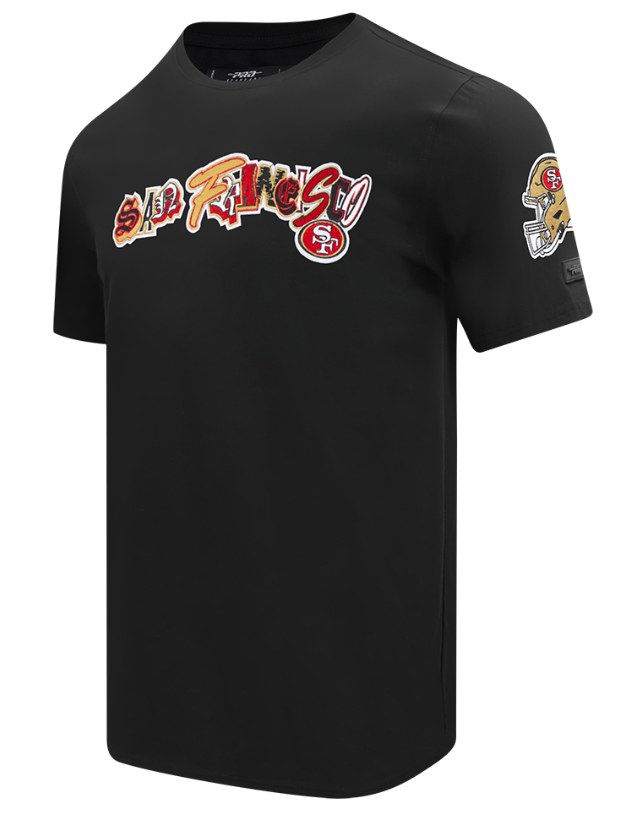 Front view of the black San Francisco 49ers City Ransom T-shirt featuring bold team branding and classic fit