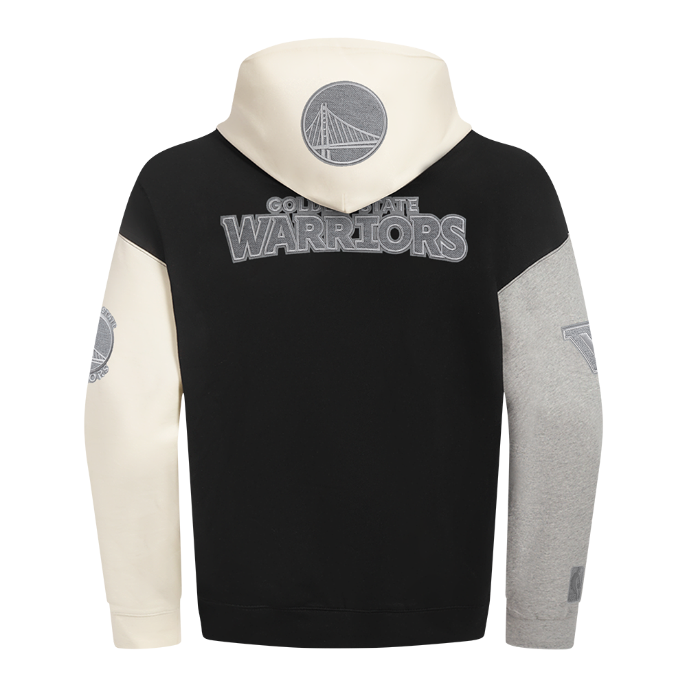 Close-up of the hoodie’s stitching details emphasizing quality craftsmanship in black, grey, and eggshell colors