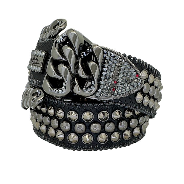 BB Simon Curb Chain Safa 2 Belt - Jet Hem (W25-JetHem-BF) - stylish and trendy black belt with silver chain detailing